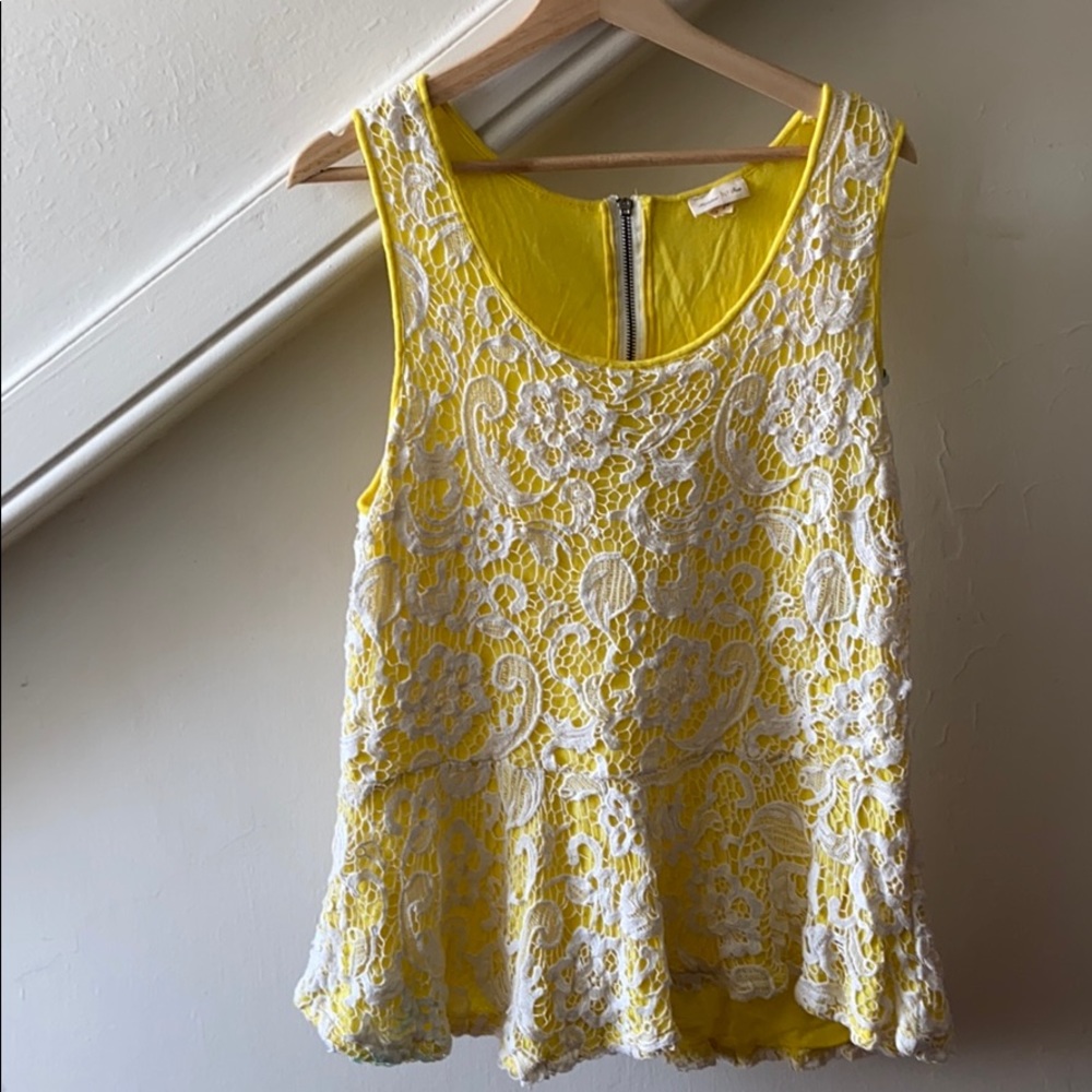 Anthropologie Bright Yellow and Lace Peplum Top